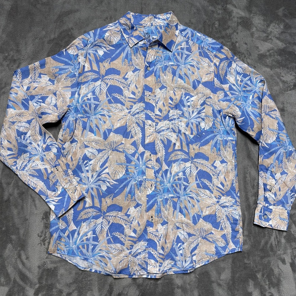 J. McLaughlin Shirt Mens Medium Blue 100% Linen Hawaiian Palm‎ Print Long Sleeve